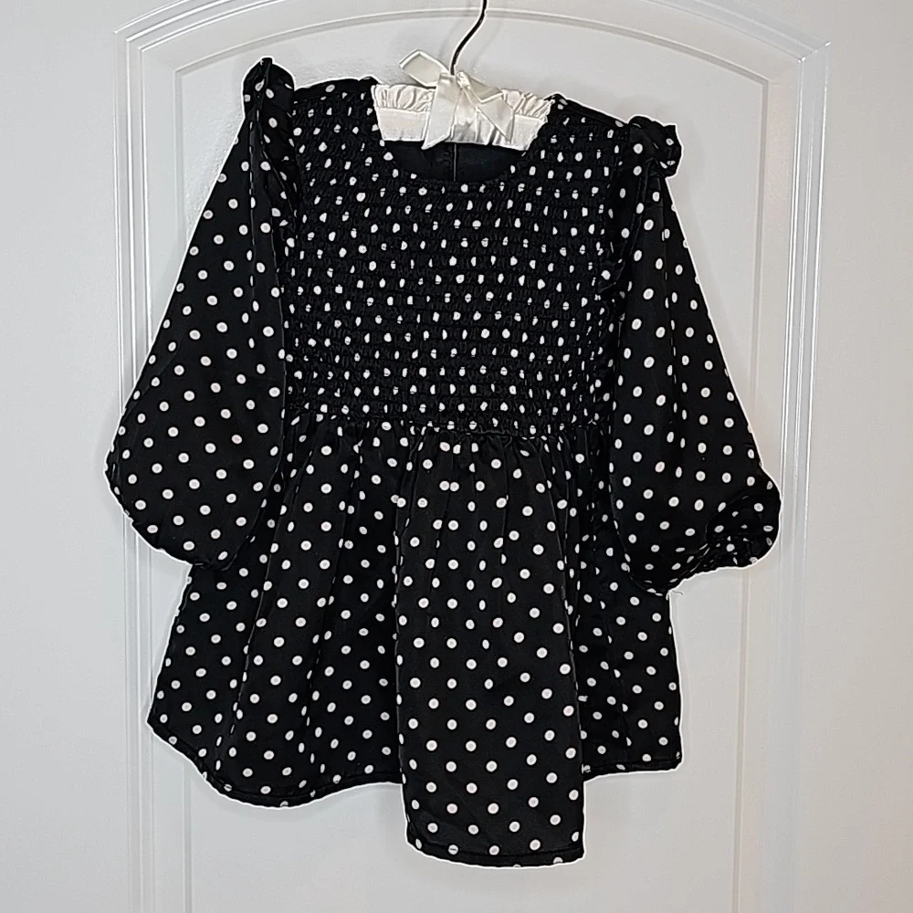Gap Baby Black With Gray Polka Dots Smocked Long-Sleeve Dress - Size 2 Years